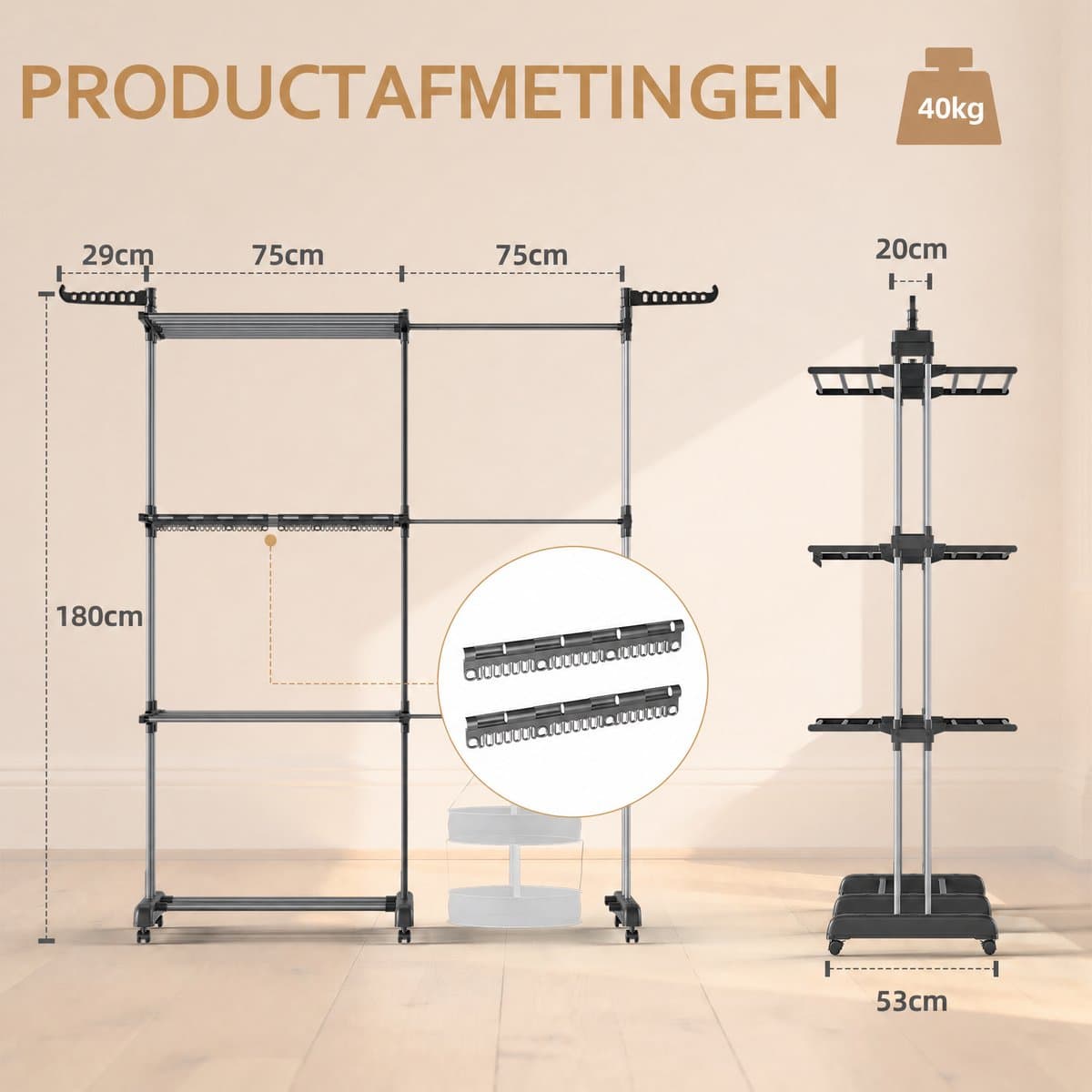 Arvioo - Uitschuifbaar droogrek - 3‑lagen - opwisselbaar - met wielen - grijs — afbeelding 1