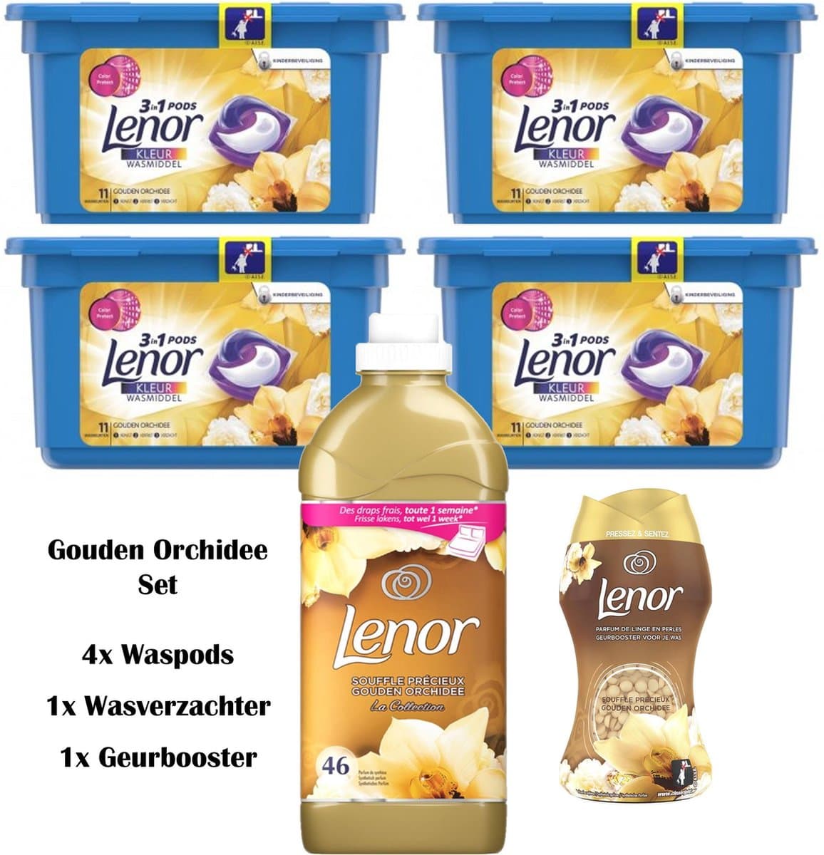 Lenor Gouden Orchidee Set - 4x Waspods - 1x Wasverzachter 1,15L - 1x Geurbooster — afbeelding 1