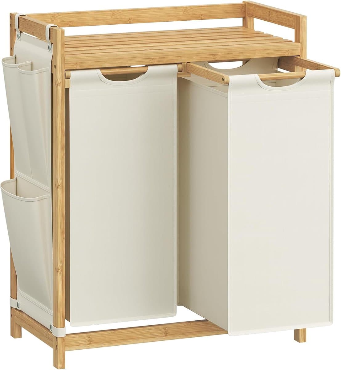 SONGMICS - wasmand 2 compartimenten - totaal 100 liter - wassorteerder - wasmand meubel - bamboe - met plank - 63 x 33 x 78 cm - crèmewit / houtkleurig — afbeelding 1