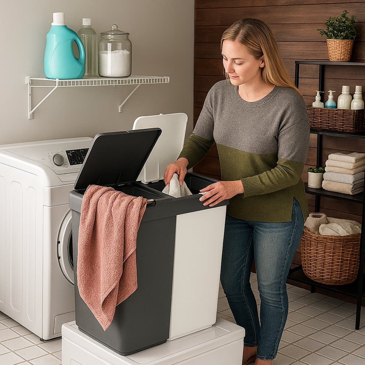 Wasmand - 2 Vakken met Deksel - Met Touch Deksel - Gemaakt van 100% gerecycled kunststof - 80 L - wasmand met deksel - Wassorteerder - Grijs - Wit — afbeelding 1