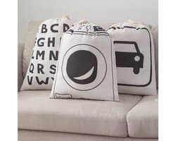 Set van 3 grote Stijlvolle Linnen Opbergzakken met Trekkoord - 80x60 cm - 226 Liter - Alfabet, Wasmachine en Auto Design