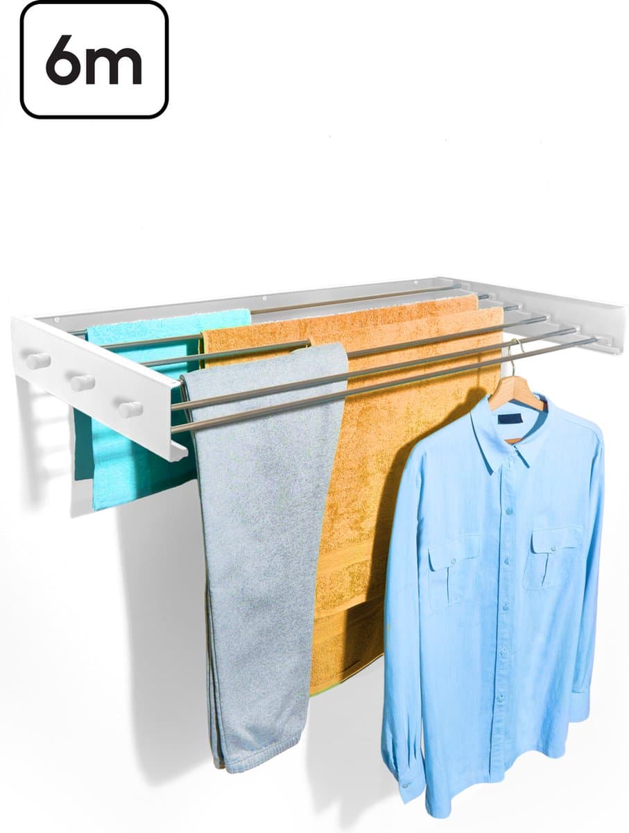 Bodo® In- en uitklapbaar droogrek met Ophanghaken - Wit - 6m Drooglengte — afbeelding 1