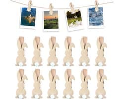 12x Mini Houten Wasknijpers met Haas - Paasdecoratie & Fotoclips
