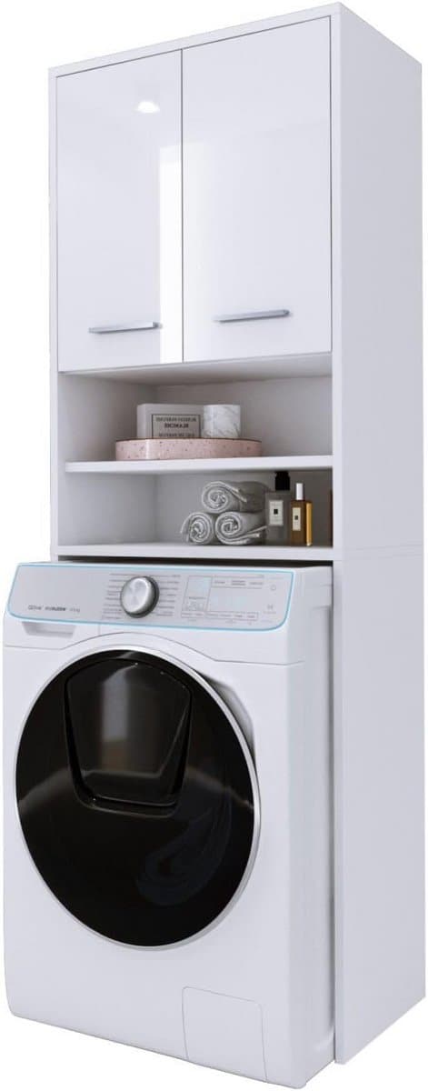 Wasmachine meubel - Badkamerkast - Opbergen wasruimte - Twee kasten - H 180 cm - Wit glanzend — afbeelding 1