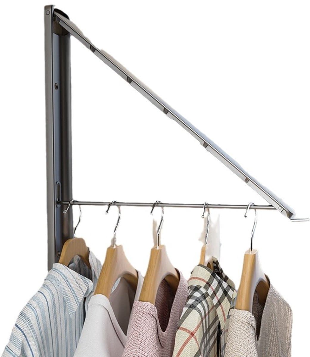 Wandgemonteerd kledingrek, uitschuifbaar en inklapbaar, boren niet nodig, te gebruiken voor het organiseren en opbergen van wasgoed in de wasruimte, ook geschikt voor studentenkamers, kledingkasten, balkons en wasruimtes. 1 stuk. — afbeelding 1