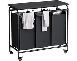 Wishdor Luxe Wasmand met Wielen 3 Vakken - Wassorteerder met Strijkplank & Opvouwtafel - Uitneembare Waszakken - Zwart (80,5 x 42,4 x 78,5 cm)