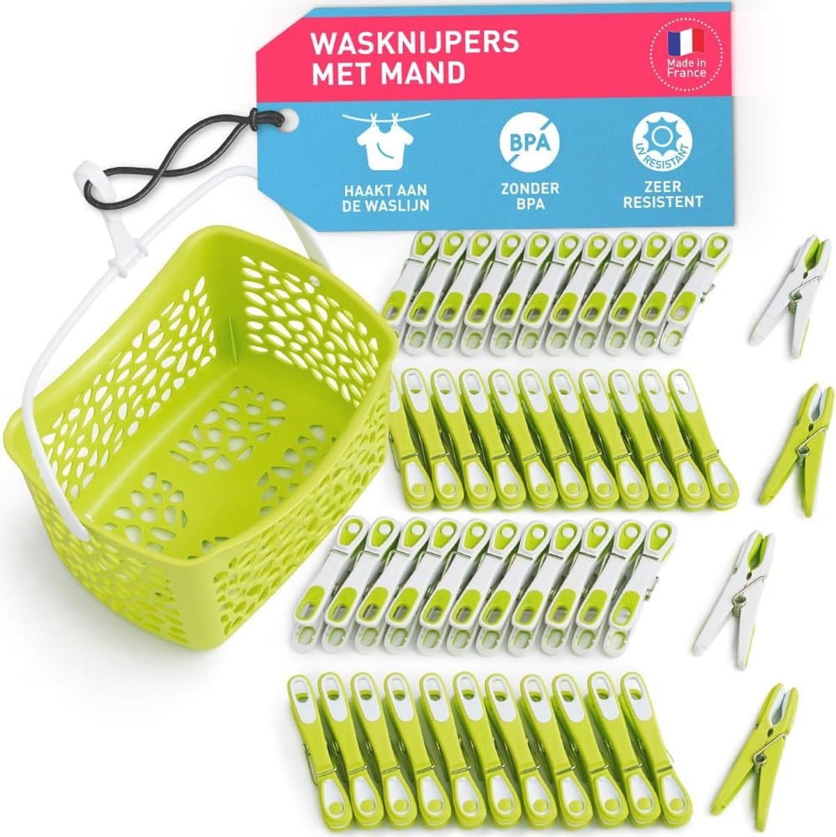 Ecoline Wasknijpers met Mand - 48 Stuks - Groene en Witte Knijpers voor Duurzaam Huishouden — afbeelding 1