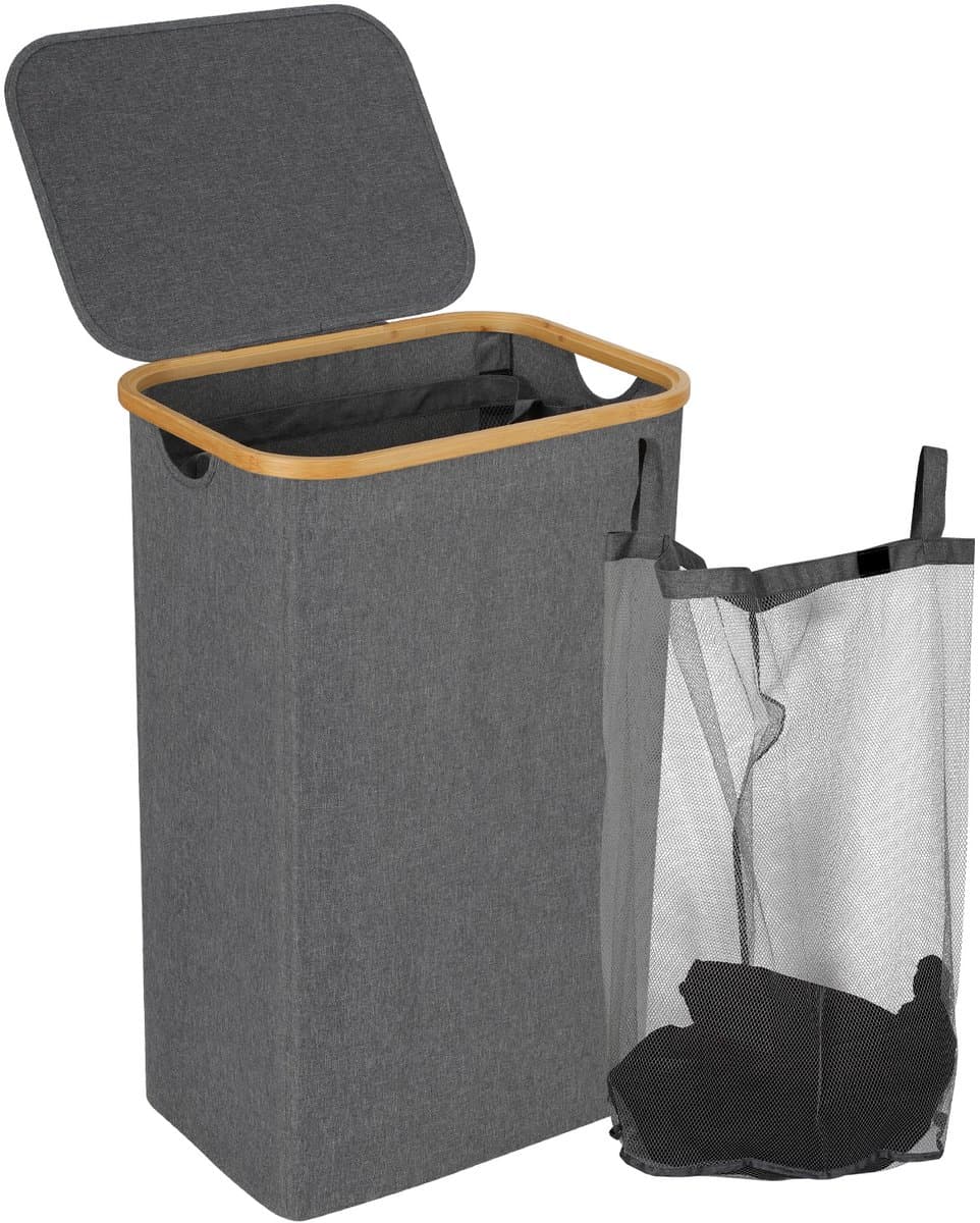 Wasmand , Waszakken ,Natuurlijk Bamboe Wasmand met Deksel, 100L Grijs — afbeelding 1