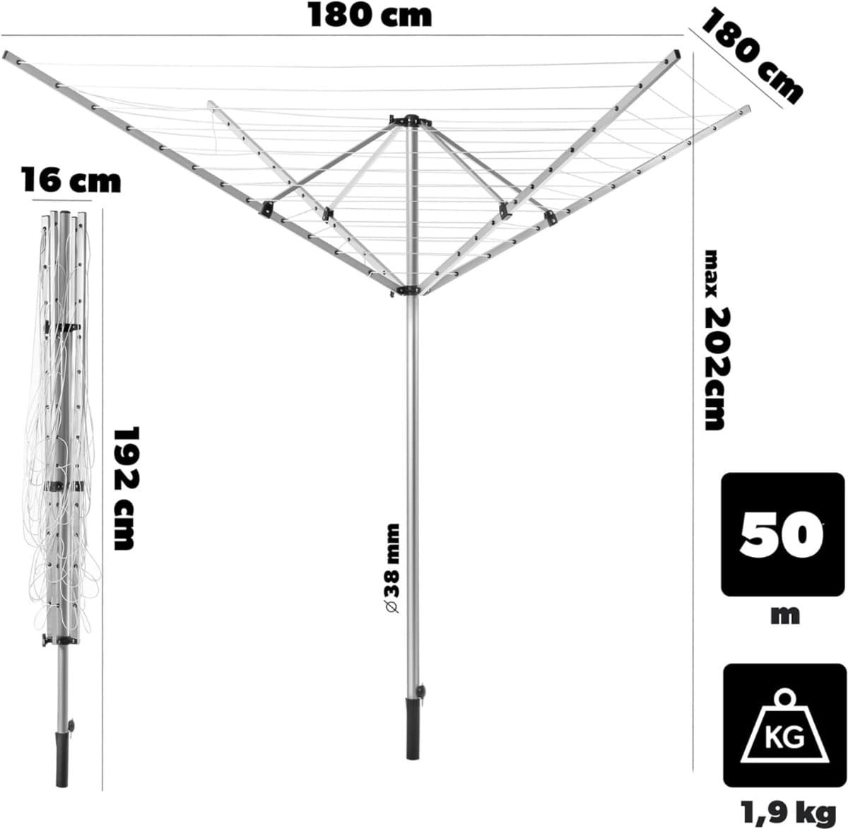MKSS® Droogmolen met Voet voor Camping & Thuis - Wasrek Staand - Droogrek Inklapbaar - Zilver — afbeelding 1