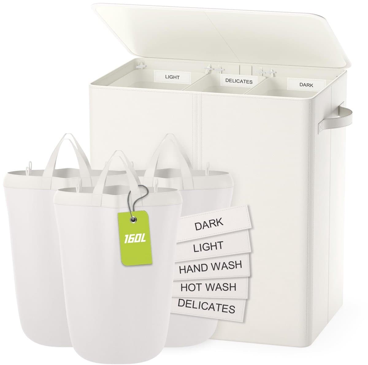 Wasmand - Met deksel, 3 vakken en handgrepen - Beige 160L — afbeelding 1