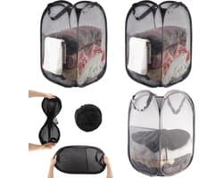 Opvouwbare wasmand in 3-pack - Opbergmand voor kleding - 2 zwarte, 1 grijze mesh - 36x36x58cm pop-up met handvat - Opbergmand voor vuile was voor badkamer, kamperen, reizen - Draagbaar en ruimtebesparend - met zijvakken