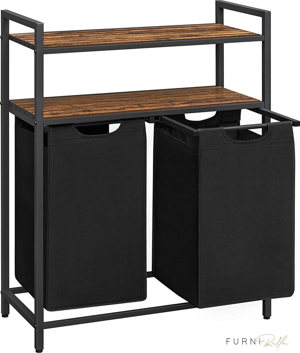 Wasmand - Wasverzamelaar met 2 compartimenten - 2 planken - Uitschuifbare en verwijderbare waszakken 2x46L - Voor badkamer en wasruimte - Vintage bruin-zwart — afbeelding 1