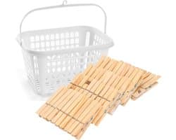 Wasknijpers verzamelen kunststof wit mandje met haak en 150x stuks houten knijpers 7.5 cm - Was ophangen — afbeelding 1