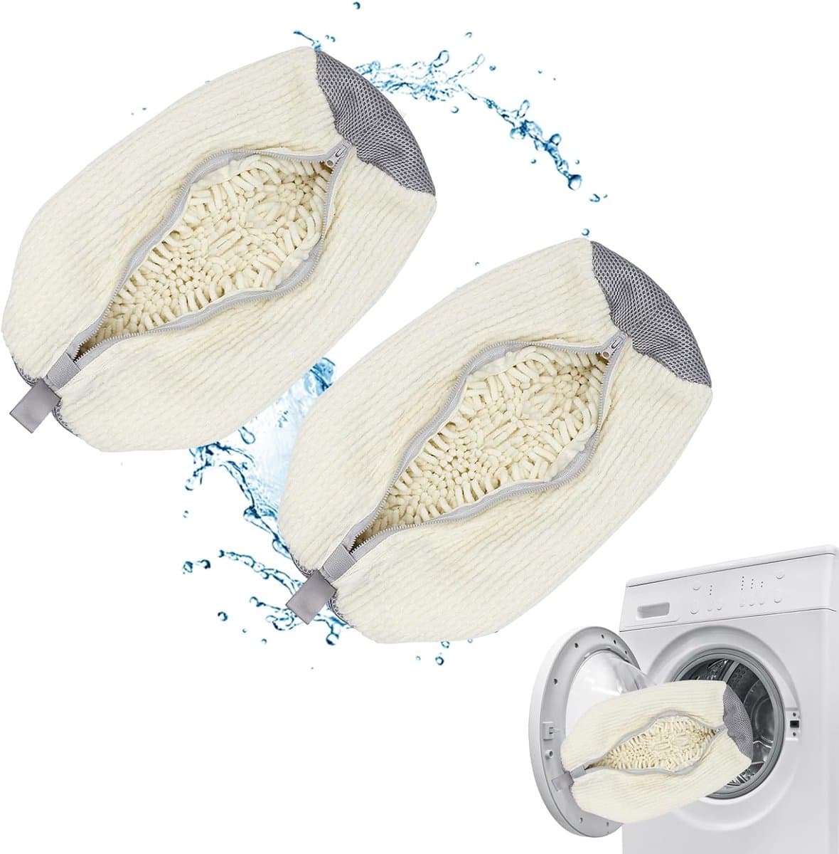 Waszak voor schoenen, wasmachine, 360°-reiniging, schokabsorberend en geluidsabsorberend, meervoudige bescherming, herbruikbare gymschoenen crèmekleurig, 2 stuks — afbeelding 1