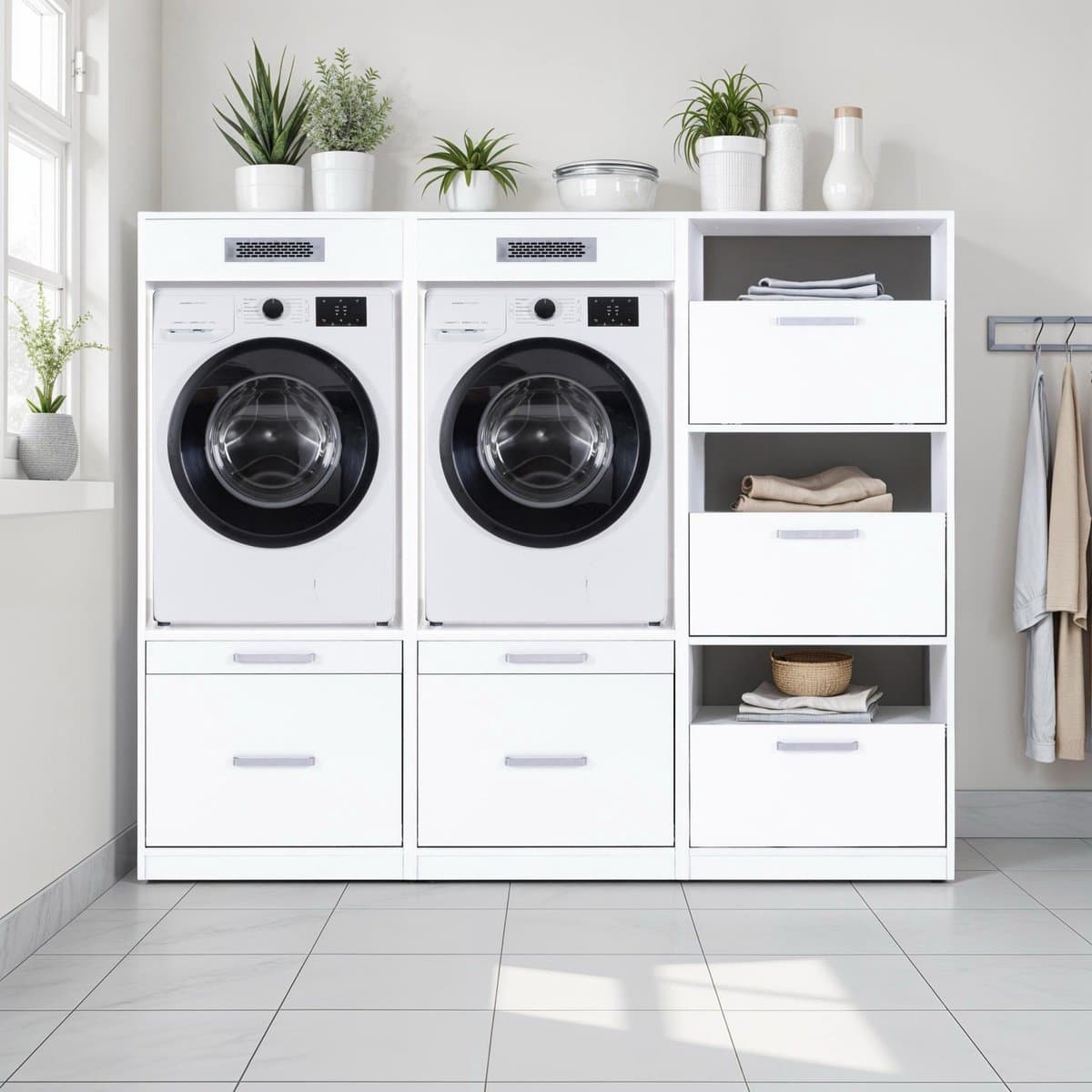 Interlink Lifestyle Studio Flow wasruimtecombinatie Bundel 1 wit - Complete wasruimte met 3 elementen - 2 wasmachinekasten en wasmandkast - Softclose - 201 x 68 x 164 cm — afbeelding 1