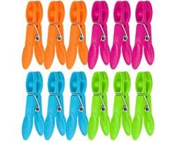 12 stuks wasknijpers voor waslijn, antislip klemmen met duurzame veer voor het drogen thuis, tuin en buiten, 4 kleuren - ShopVlot