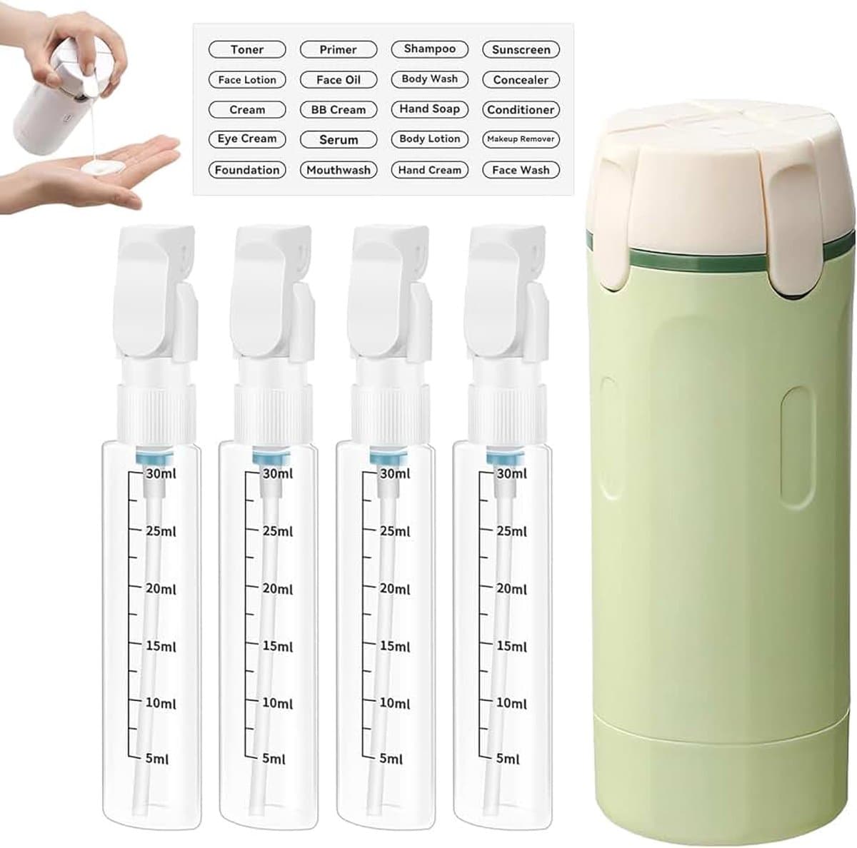 4-in-1 reisfles, draagbare reiscontainers, reisflessen voor toiletartikelen, navulbaar, waterdicht, met schaalverdeling en etiket, voor toiletproducten, shampoo, lotion (groen) — afbeelding 1