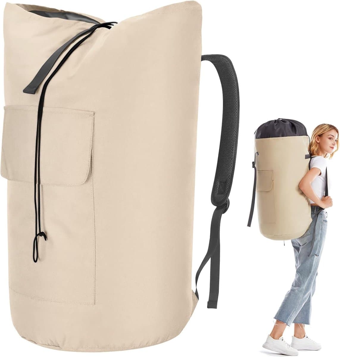 Thijox - Waszak XXL 115 liter - Opvouwbare waszak voor op reis - Kledingtas met 2 gevoerde schouderbanden - Beige - Ideaal voor vakantie, camping en t — afbeelding 1