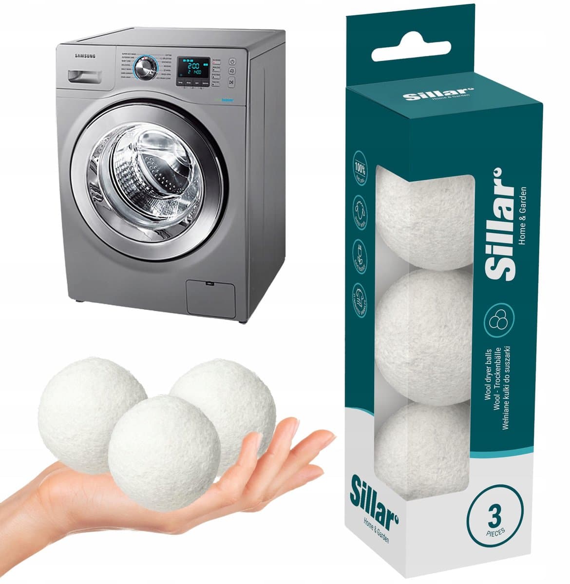 Sillar Drogerballen 3 stuks - Wasdrogerballen - 100% Schapenwol - Herbruikbare - Wasverzachter - Antistatisch - verkort droogtijd — afbeelding 1
