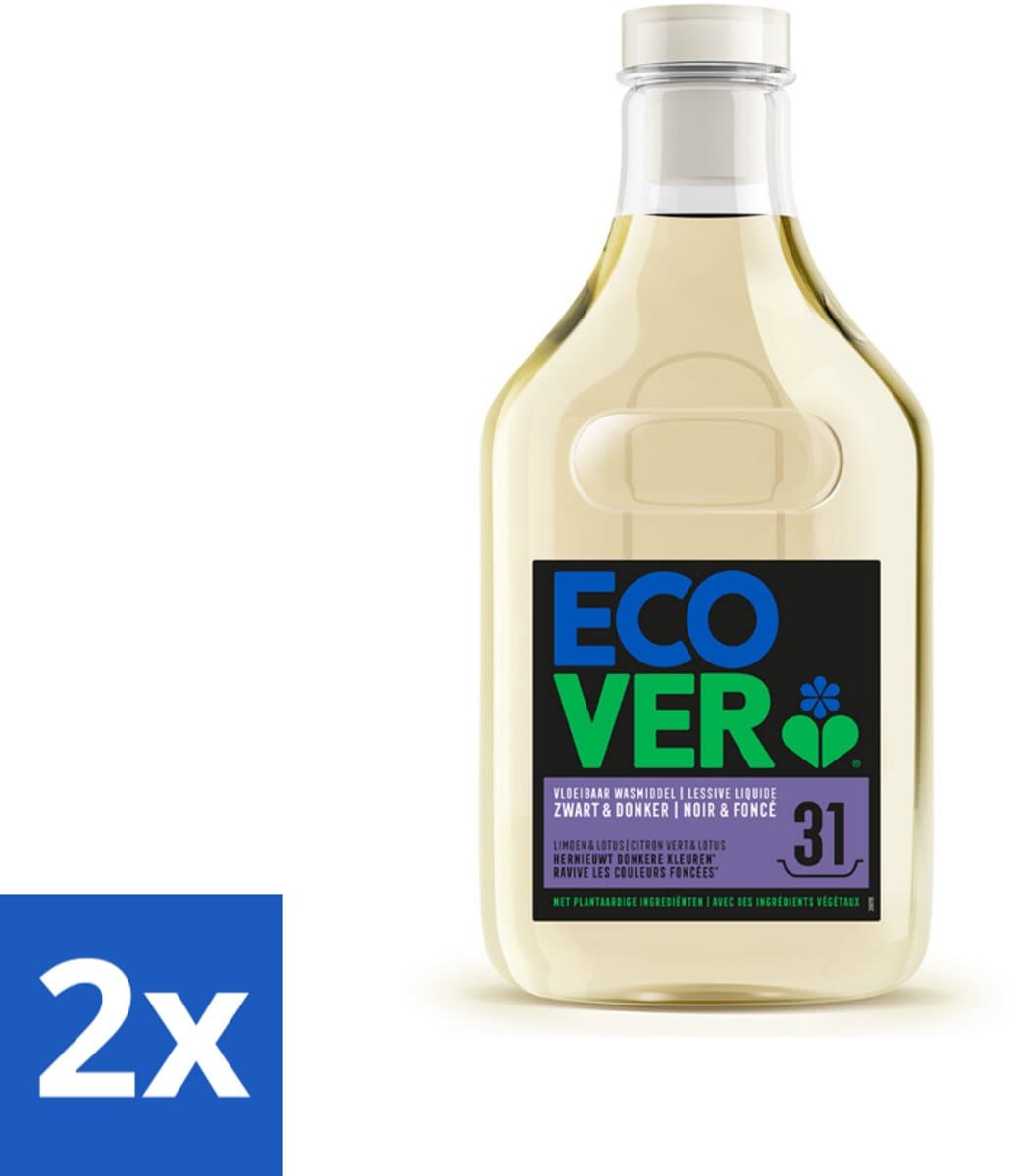 2 x Ecover Vloeibaar Wasmiddel Zwart & Donker - Limoen & Lotus 31 Wasbeurten 1,43 liter - Donker Wasmiddel - Donkere Kleuren - Plantaardig Wasmiddel - Milieuvriendelijk Wasmiddel - Ecologisch Wasmiddel — afbeelding 1