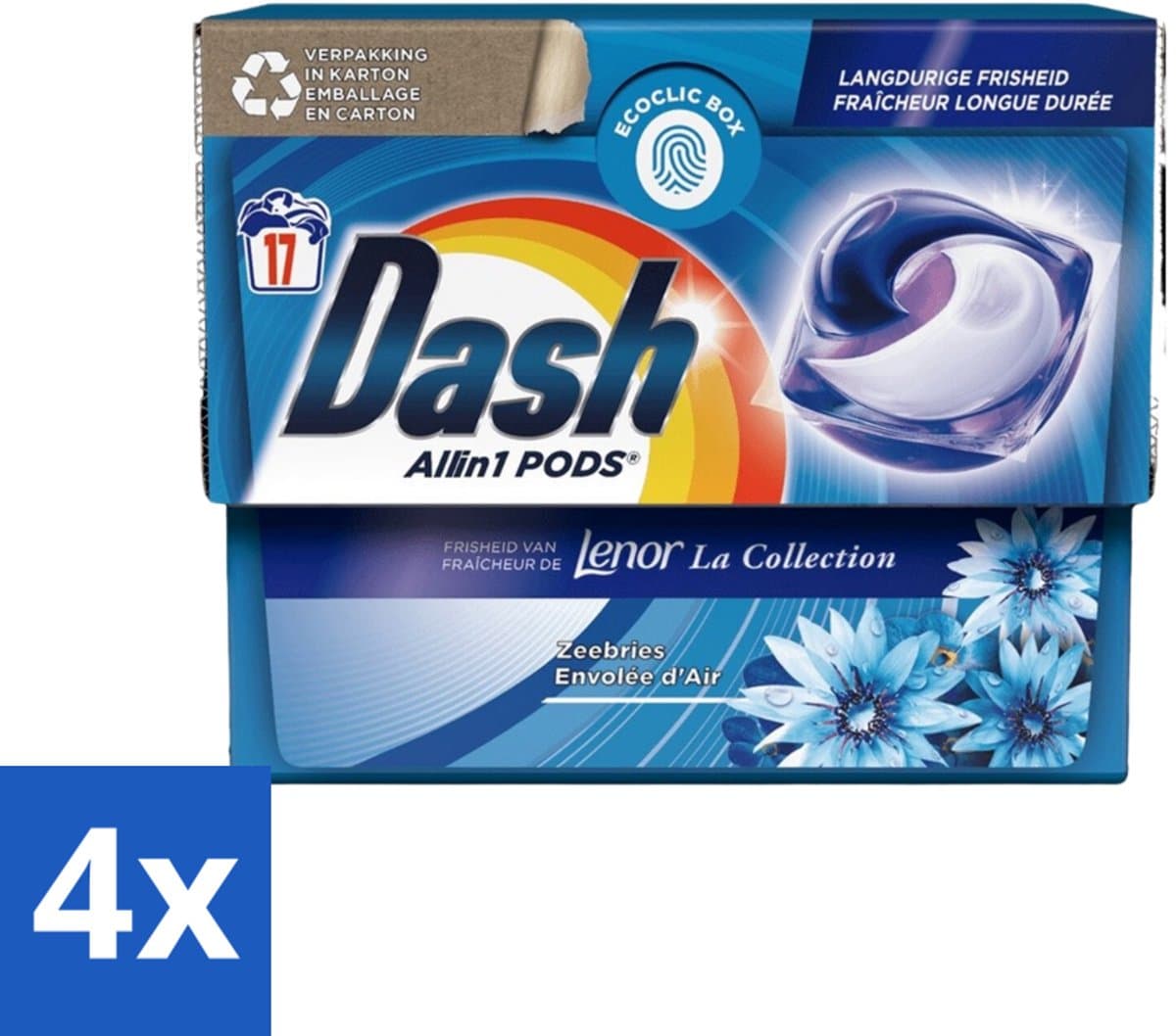 4 x Dash - Lenor Collectie - Wasmiddel Capsules - All-in-1 Pods - Witte en Gekleurde Was - Zeebries - 17 Wasbeurten - Wasmiddel Capsules - Waspoeder - Lenor - Zeebries - Wasverzachter — afbeelding 1
