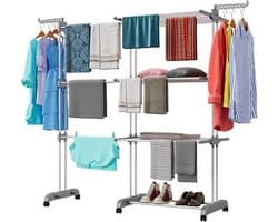 Torendroogrek 3 Etages met 6 Inklapbare Vleugels – Uitschuifbaar Wasrek 66-130 cm – Groot Opvouwbaar Droogrek voor Kleding – Ruimtebesparend & Draagbaar – Voor Binnen, Buiten, Balkon & Grote Gezinnen