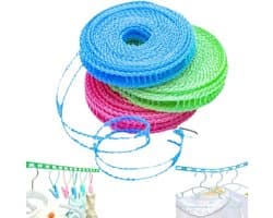 3-delige set - Antislip en winddichte waslijn - Waslijn in hekstijl - Waslijn voor het drogen van dekens - Waslijn voor buiten zonder boren - 8 meter - Roze, lichtgroen, blauw - Uitschuifbaar - Geschikt voor buiten, tuin en camping