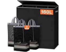 Lìon® Wasmand - 160L - Wasmand 3 Vakken - Wasmand Met Deksel - Zwart - 64cm x 36cm x 70cm