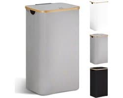 Wasmand met Deksel, 85 Liter, Smalle Vouwbare Wasmand van Hout en Bamboe, Ideaal voor Wassen en Organiseren, Grijs