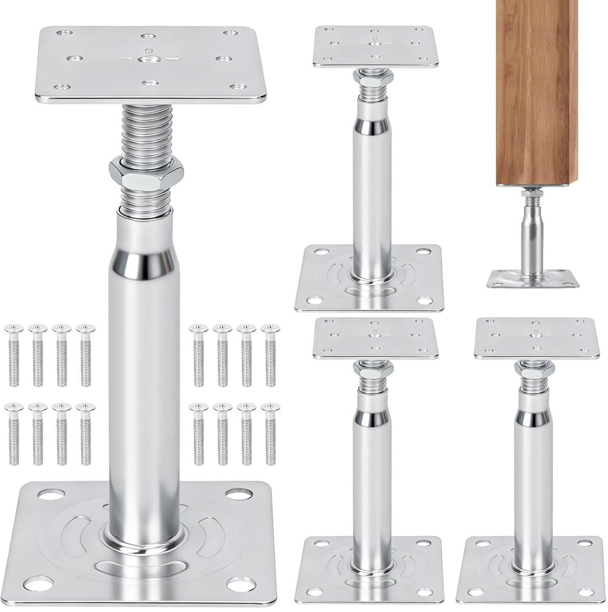 SnelShoppen - Verstelbare Houtpaalsteun 140-200 mm - 4 Stuks Thermisch Verzinkt - Schroefbenen voor Tuin, Overkappingen, Carports en Pergola's - Zilve — afbeelding 1