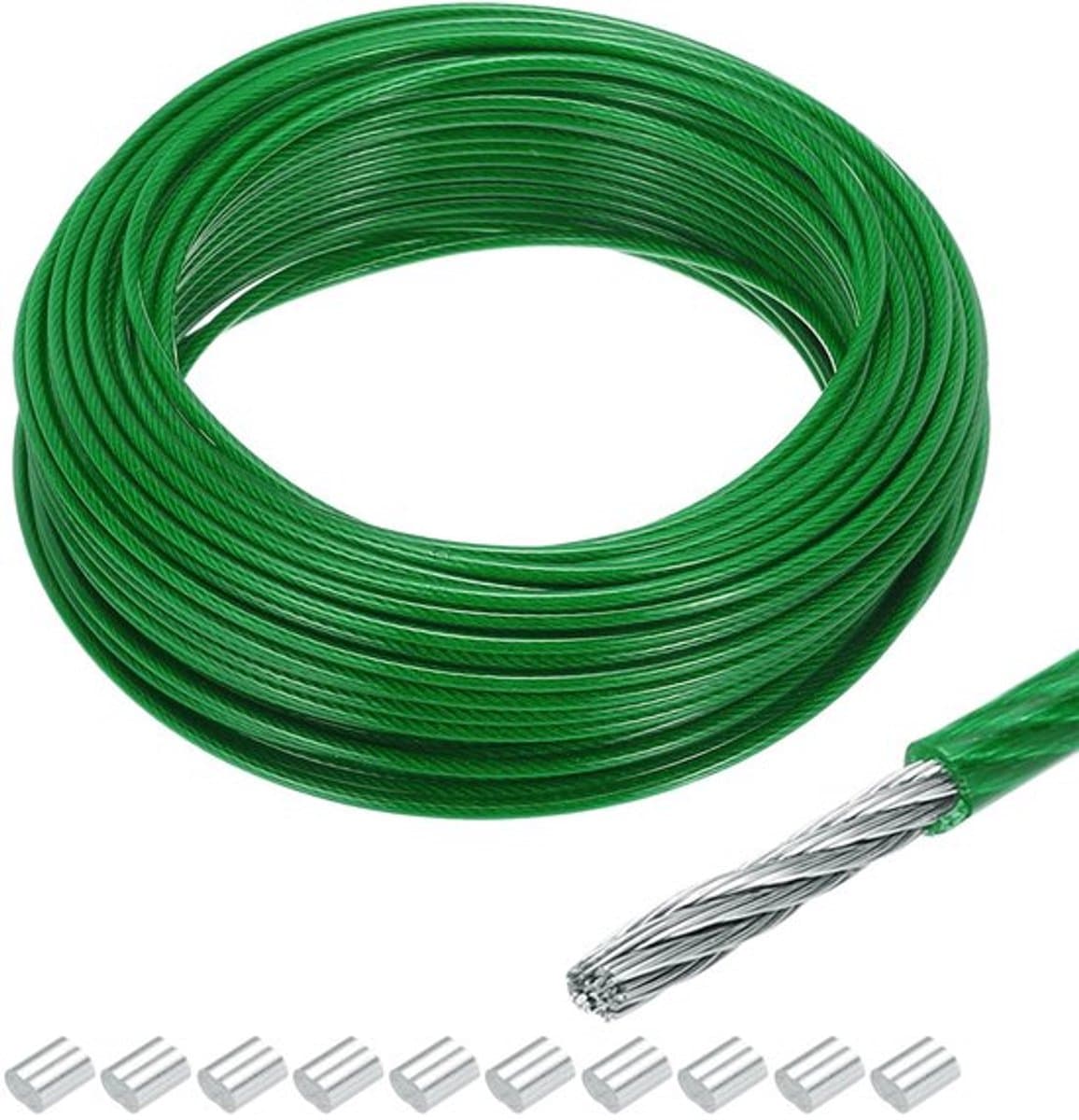 - Kabel - 30 m - Voor het ophangen van lampen en decoraties - Groen - Geschikt voor tuin en feesten - Inclusief 10 aluminium sleeves — afbeelding 1