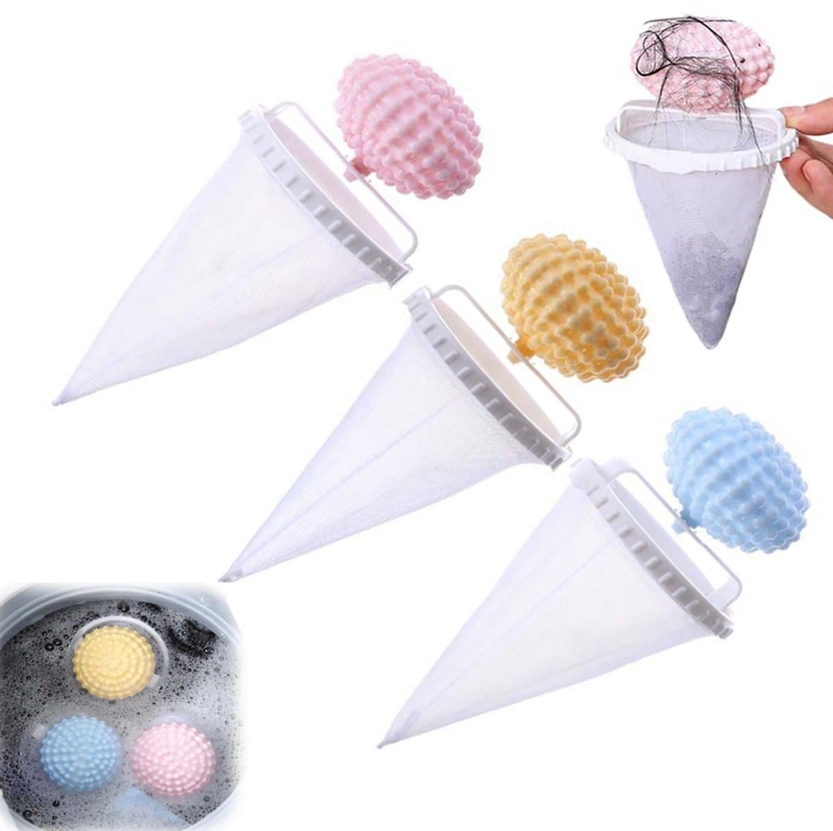 3 stuks - Wasmachine Lint Filter - Pluizenfilterbal - Wasmachinefilterzak - Filternetzak - Wasbal - Herbruikbaar - 9,2 cm x 19 cm - Blauw + Geel + Roze - Geschikt voor wasmachines — afbeelding 1