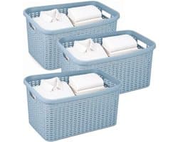 Plasticforte Wasmand - 3x - 35 liter - rotan - blauw - kunststof - 53 x 36 x 26 cm - draagmand - met handvatten - lichtgewicht