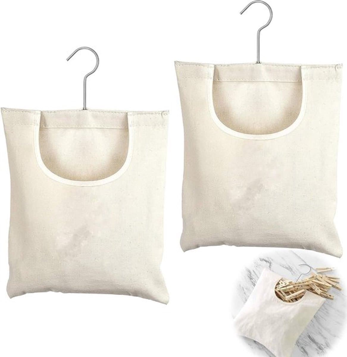 Wasknijperzakken 27 x 32 cm met beugel - Linnen tas om op te hangen - Herbruikbaar organizer voor badkamer of garderobe (Beige) — afbeelding 1