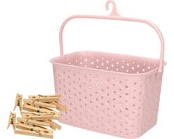 Wasknijpers mandje met ophanghaak - roze - gevuld met 96x houten wasknijpers van 7 cm - was ophangen — afbeelding 1