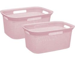 Wasmand van rotan gevlochten - 2x - lichtroze - kunststof - 45 liter - 59 x 41 x 27 cm