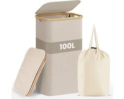 Nolad - Wasmand - Wasmand met deksel - Uitneembare waszak - Opvouwbaar - 100L - Beige