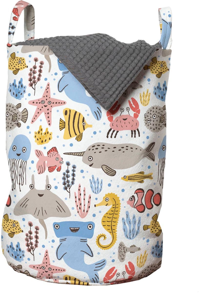 ABAKUHAUS onderwaterwaszak, doodle zeedierenmotief, wasmand met handgrepen, trekkoordje voor wasserettes, witte meerkleurige wasmand — afbeelding 1