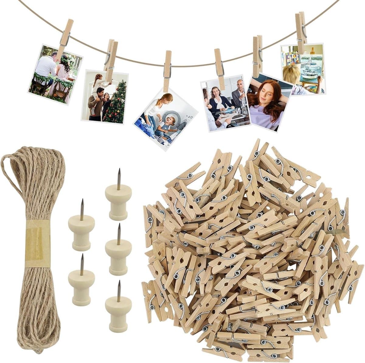 Dailygoods- Knijpers Mini 150 Stuks - Houten Knijpers - Decoratieve Klemmen - Henneptouw - I-vormige Spijkers - Lichtgewicht 100 g — afbeelding 1