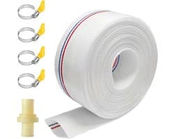 Flexibele stofslang 1 1/4 inch, 32 mm, 10 m platte slang met 4 roestvrijstalen klemmen en aansluiting, ideaal voor industriële en agrarische toepassingen, waterafvoer en irrigatie