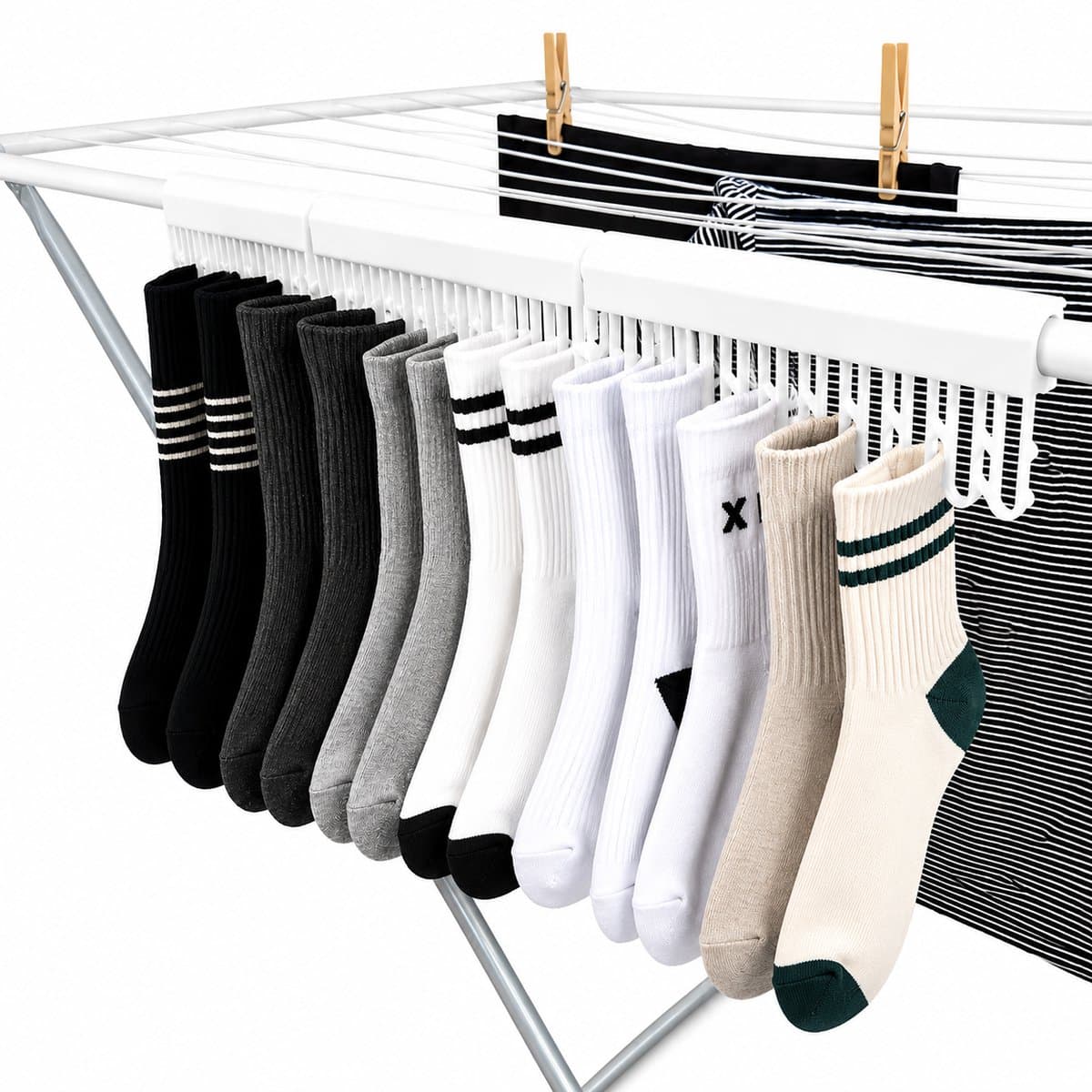 2 Stuks Sokkenknijpers Voor Droogrek - Sokkenhanger Voor Wasrek - Wasknijperstrip Voor Droogrek - Ruimtebesparende Sokkendroger - Handige Wasrek Accessoire - Geschikt Voor 12 Sokken Per Clip - Set Van 2 Stuks - Wit — afbeelding 1