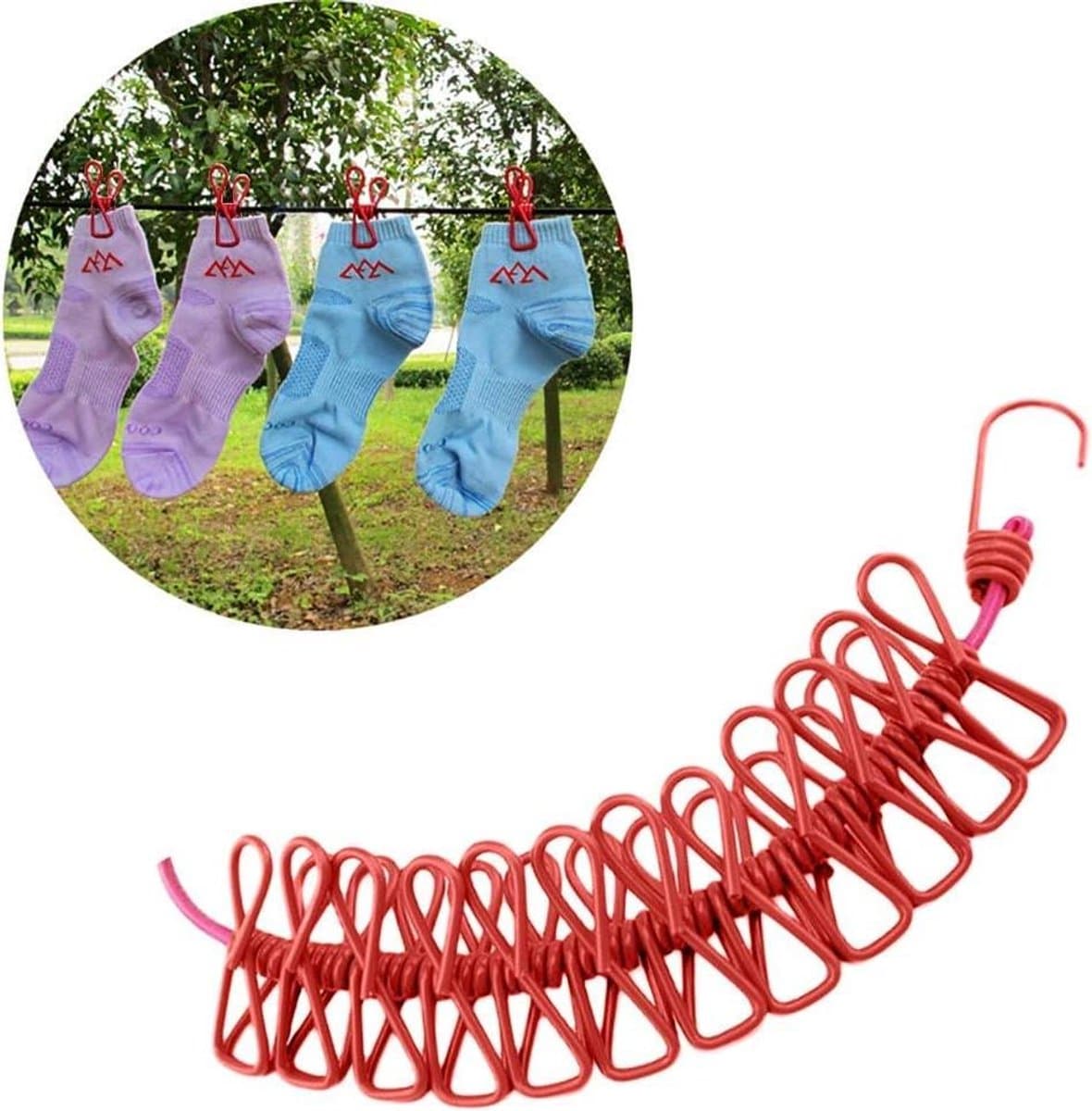 Reis Waslijn - Draagbare Kledinglijn - Kleding Drogen - Met Klemmen - 3 Meter - Rood — afbeelding 1