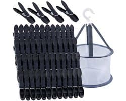 Wasknijpers met mand - Kledingklemmen - Kleding drogen - Windbestendig ontwerp - 48 stuks - Zwart
