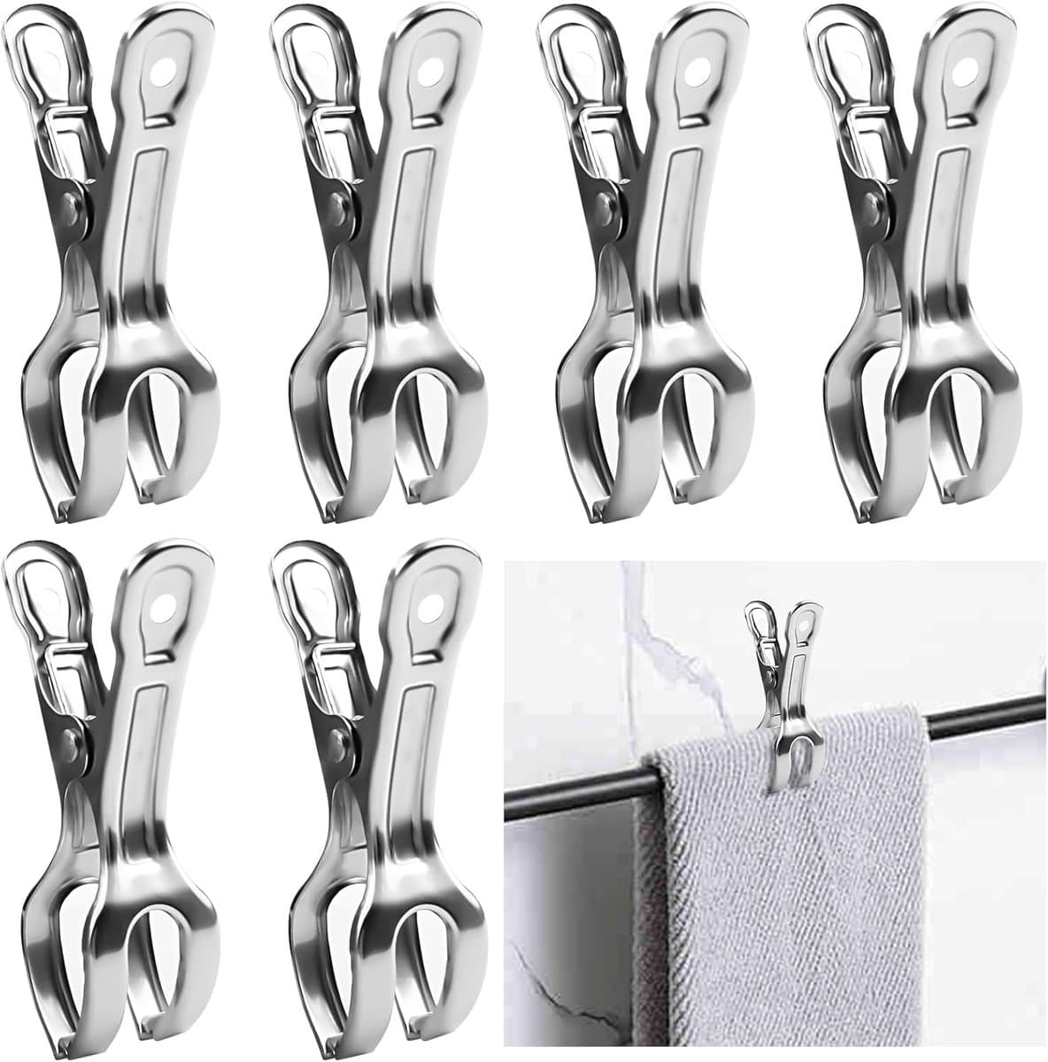 6-pack Keukendoekclips – Robuuste roestvrijstalen doekclips - ideaal voor in de keuken, aan ovenhandgrepen, handdoekrekken in de badkamer, vaatwassers en fornuizen - om te voorkomen dat handdoeken eraf vallen – Zilver — afbeelding 1