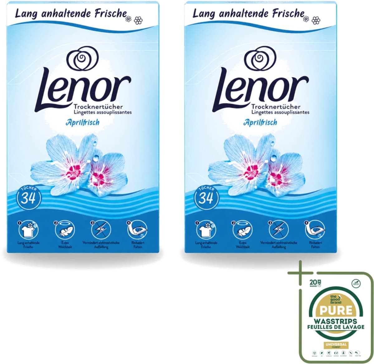 2 x Lenor - Droogtrommeldoekjes - Aprilfris - Textielverfrisser - 34 Doekjes - Wasstrips - Droogtrommeldoekjes - Wasdoekjes - Textielverfrisser - Frisheid - Statische Elektriciteit — afbeelding 1