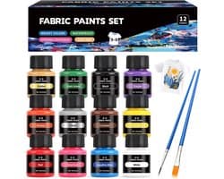 12 x 25 ml stofverf, verf voor permanente stoffen, wasbare stofkleur, kan worden gebruikt voor het schilderen van kleding, schoenen en linnen tassen, 2 borstels
