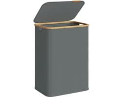 Klarven® Wasmand Bamboe Leigrijs - Wasmand met Deksel - Wasmand 2 Vakken - Wasmand Opvouwbaar - Laundry Basket - Waterafstotende Stof, 140 Liter Inhoud