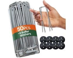 Grondankers 50 stuks + 8 sluitringen, 15 cm lang, 25 mm breed, 3 mm dik, voor tuin, kunstgras en kamperen, gegalvaniseerd staal