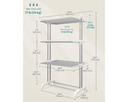 Droogrek 4-Laags met Wielen – Inklapbaar Wasrek met Zijvleugels – Verrijdbare Droogtoren – 49 x 128 x 173 cm – Tot 35 kg – Zilvergrijs/Wit