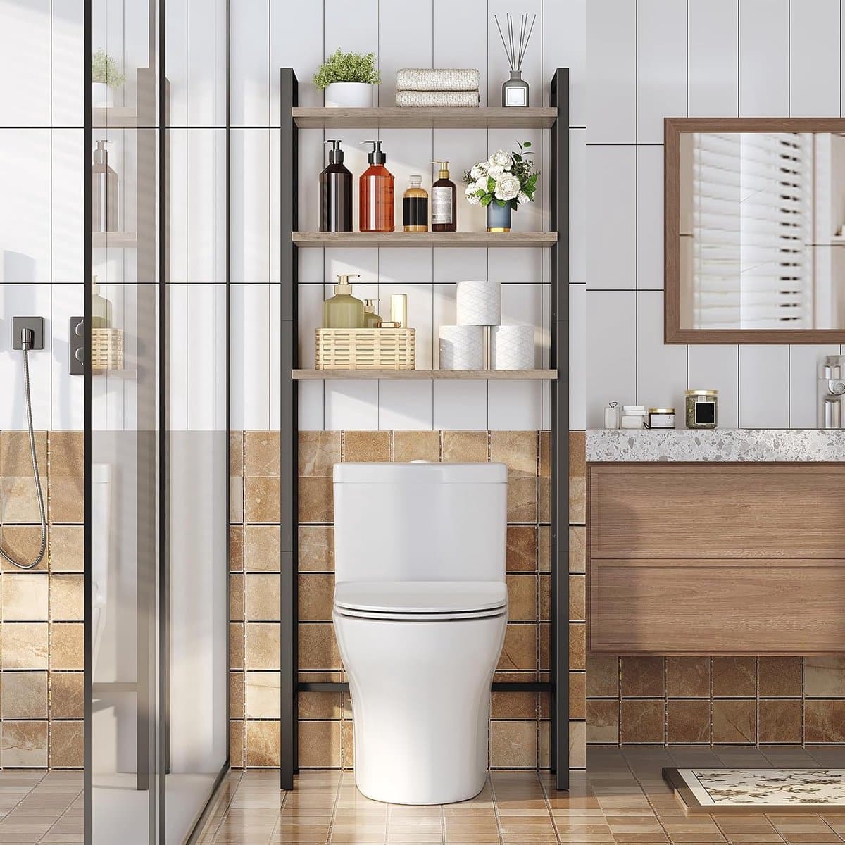 Toiletrek met 3 niveaus - Badkamerrek in industriële stijl - Ruimtebesparend en eenvoudig te monteren - Rustiek bruin EBF41TS01 Wasmachine rek — afbeelding 1